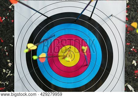 Many Arrows In Archery Target, Closeup View