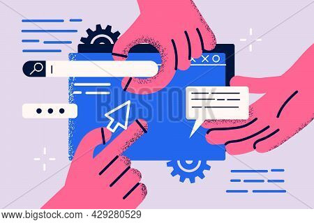 Landing Page, Programming, Research Concept. Hands Of Workers Working On Website Or Application, Ui 