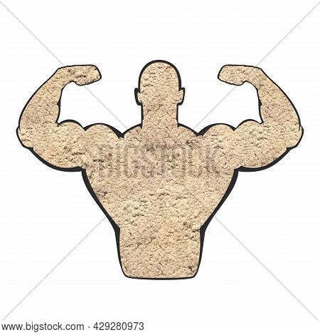 Muscular Man Showing Biceps On White Background. Silhouette Of Sportsman Made With Amino Acids Powde