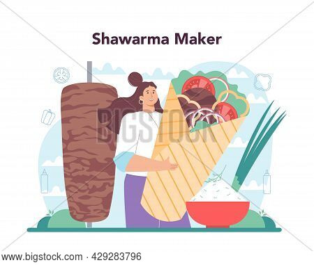 Shawarma Street Food Concept. Chef Cooking Delicious Roll With Mea
