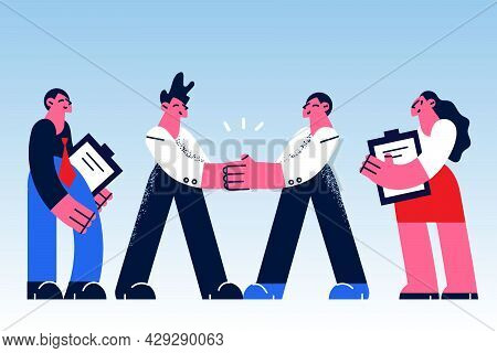 Agreement, Deal And Successful Project Concept. Office Team Business People Standing Shaking Hans Fo