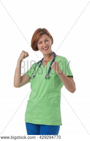 Nurse Isolated On White. Female Medical Professional Doctor Standing Holding Fisis