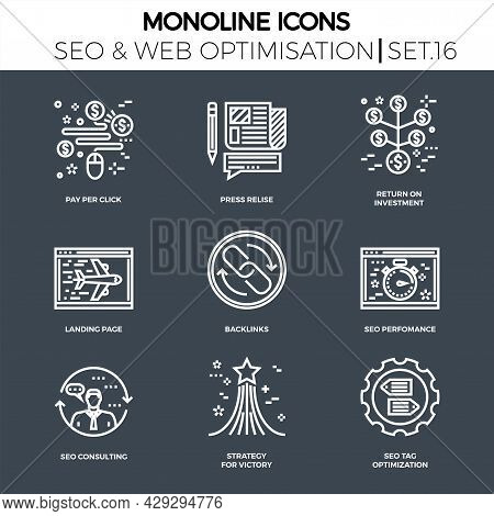 Line Icons Set With Flat Design Of Seo. Pay Per Click, Press Relise, Return On Investment, Landing P