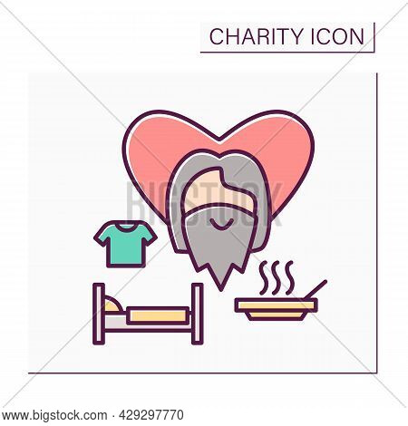 Homeless Shelter Color Icon. Help Centers For Peoples In Need. Flophouses. Food, Shelter And Clothin