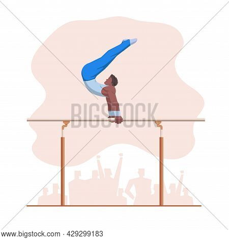 A Gymnast With An Athletic Physique Performs On Parallel Bars, Athlete Shows Static Hold Skill With 