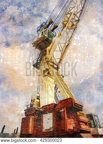 Digital Art. Industry. Mobile Harbour Crane. Powerful Heavy-duty Crane Against The Blue Sky. Multifu