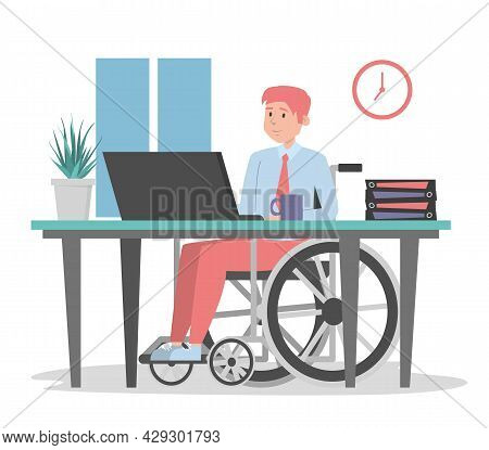 Man in wheechair working in office, sitting at the desk vector isolated. Illustration of a disabled office worker. Handicapped employee at computer.