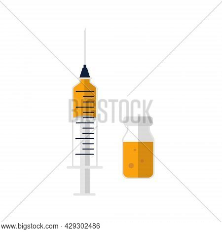 Syringe With Sharp Needle And Vial With Vaccine Against Coronavirus Flat Illustration.
Can Be Used F