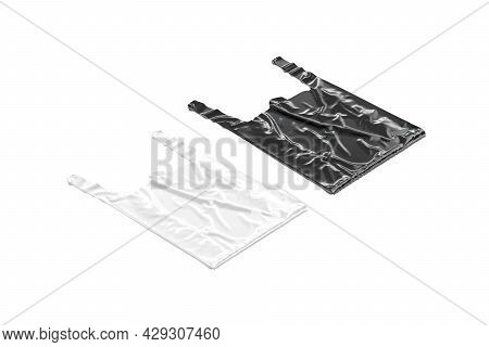 Blank Black And White T-shirt Plastic Bag With Handle Mockup, 3d Rendering. Empty Poly Crumpled Pack