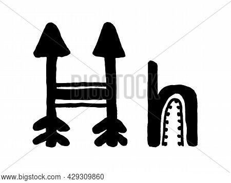 African Culture Vector Alphabet Black Color Isolated On Whute Background. Letter H Symbol. Antique A