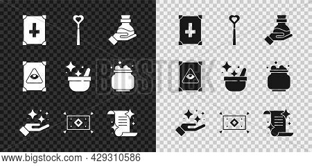 Set Ancient Magic Book, Magic Wand, Bottle With Potion, Sparkle Stars Trick, Carpet, And Witch Cauld