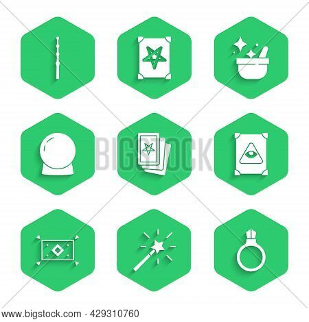 Set Three Tarot Cards, Magic Wand, Stone Ring With Gem, Ancient Magic Book, Carpet, Ball, Witch Caul