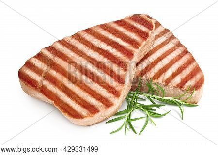 Tuna Fish Steak Grilled Isolated On White Background With Clipping Path And Full Depth Of Field