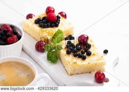 Cottage Cheese Casserole With Berries. Сurd Pie. Сheesecake And Coffee.