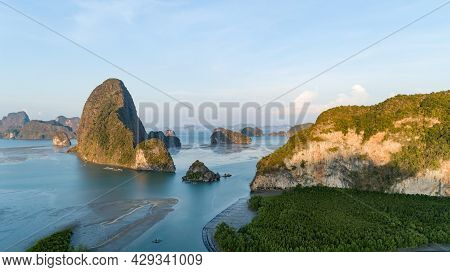 Aerial View Drone Shot Of Sametnangshe Landscape View Located In Phang-nga Thailand Beautiful Sea Am