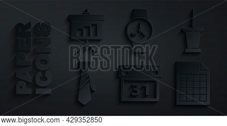 Set Calendar, Push Pin, Tie, File Document, Wrist Watch And Chalkboard With Diagram Icon. Vector