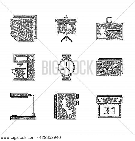 Set Wrist Watch, Address Book, Calendar, Envelope, Table Lamp, Coffee Machine, Identification Badge 