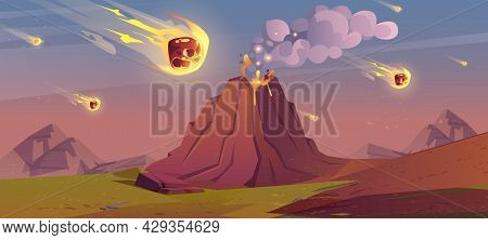 Jurassic Period Landscape With Erupted Volcano And Falling Meteorites. Prehistoric Era Of Earth, Met