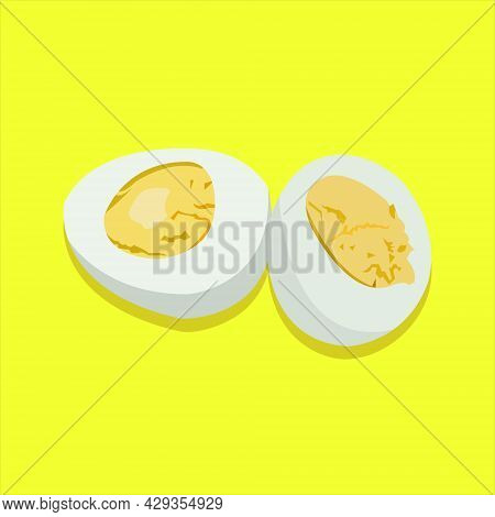 Vector Illustration Of Hard Boiled Egg On The Yellow Background. Hard Boiled Egg For Breakfast. Snac