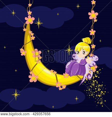 Vector Illustration Of Purple Fairy. Sit On The Crescent Moon. Pink Flowers. Sparkling Stars And Dus