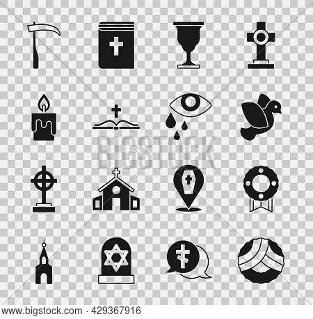 Set Memorial Wreath, Dove, Christian Chalice, Holy Bible Book, Burning Candle, Scythe And Tear Cry E