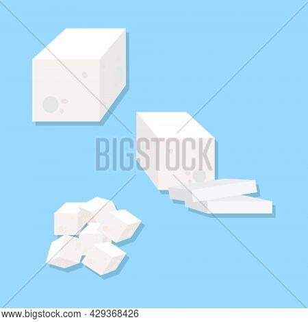 Vector Illustration Of Raw Tofu On The Blue Background. Sliced Tofu And Cube Tofu For Cooking Prepar