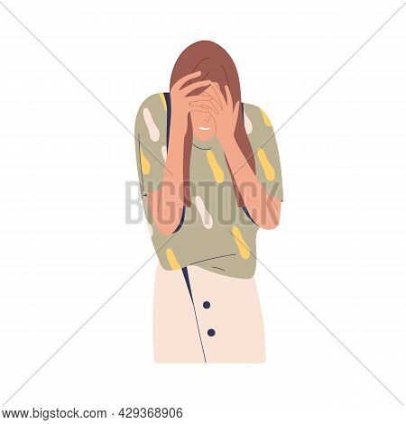 Embarrassed Woman Hiding Her Face, Regretting Failure. Upset Shy Person Feeling Shame After Fail. Fe
