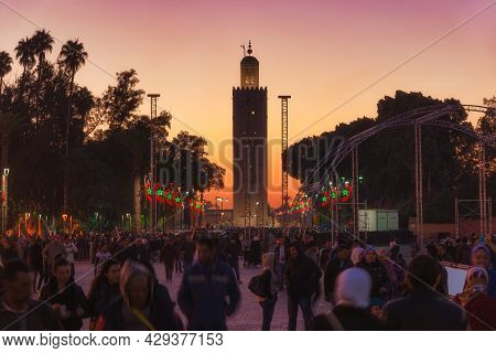 Marrakech, Morocco - December 23, 2017: View Of Kutubiyya Mosque Minaret At Sunset. The Kutubiyya Mo
