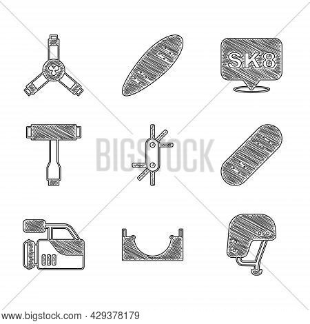 Set Tool Allen Keys, Skate Park, Skateboard Helmet, Cinema Camera, Tool, And Y-tool Icon. Vector
