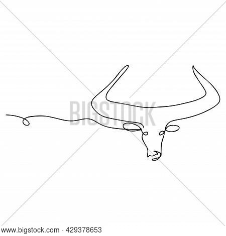 Continuous Line Drawing Of A Bull. Vector Silhouette Of Cattle. Bull Head Print Ready. Abstract One 