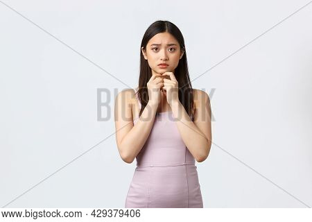 Celebration, Beauty And Glamour Concept. Worried And Cocnerned Asian Female In Evening Dress, Elegan