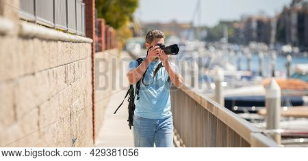 Freelance Travel Photographer Man Take Photographs Using Camera During Summer Vacation, Photography
