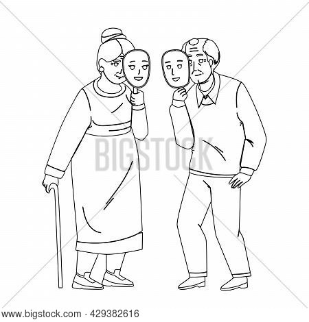 Ageism Of Elderly Man And Woman Couple Black Line Pencil Drawing Vector. Old Grandfather And Grandmo