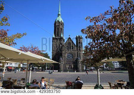 Moenchengladbach, Germany - September 18, 2020: People Visit Rheydt District Of Moenchengladbach, A 