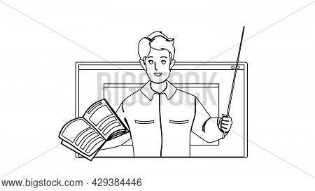 Teacher Explain Subject Theme From Laptop Black Line Pencil Drawing Vector. Young Man Teacher Explai