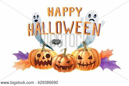 Happy Halloween Decoration. Hand Drawn Jack Head Pumpkins, Ghosts, Spider Decoration. Watercolor Ill