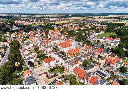 Aerial View Of Small European City With City Streets And Residential Buildings. Katy Wroclawskie Pan