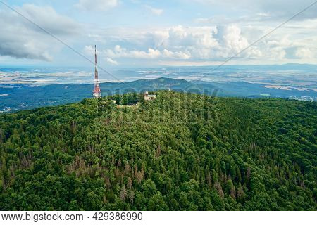 Aerial View Of Beautiful Landscape In Mountains With Forest. Sleza Mountain Near Wroclaw In Poland. 