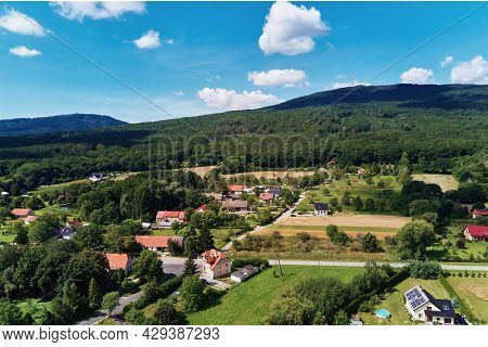 Mountain Village With Forests, Bird Eye View. Sleza Mountain Landscape Near Wroclaw In Poland. Natur