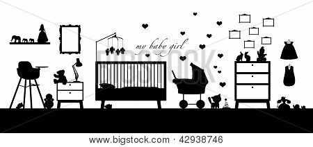 Baby pige værelse interiør sort silhuet