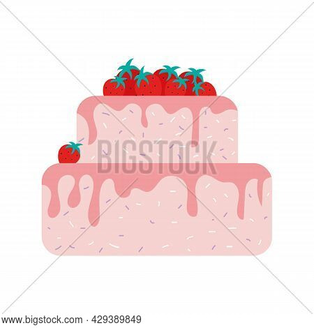 Strawberry Cake Semi Flat Color Vector Object. Baked Good. Full Sized Item On White. Pastry Topped W