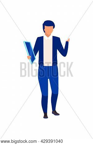 Male Television Presenter With Tablet Semi Flat Color Vector Character. Full Body Person On White. H