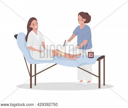 Depilatory Master Applies Hot Wax Semi Flat Color Vector Characters. Full Body People On White. Leg 