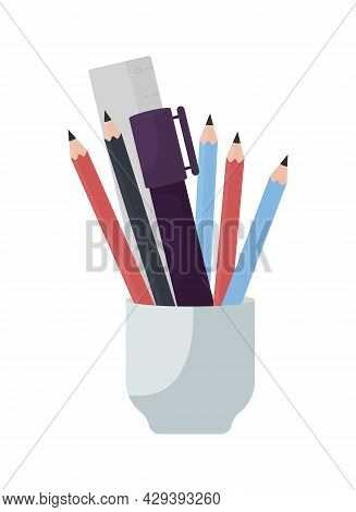 Pencil Holder Semi Flat Color Vector Object. Full Sized Item On White. Desk Organizing. Storing Penc