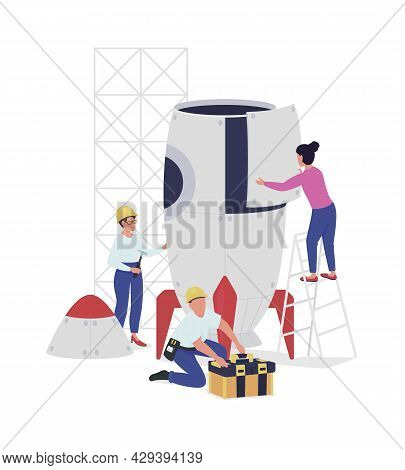 Spaceship Building Semi Flat Color Vector Characters. Rocket Designing. Full Body People On White. S