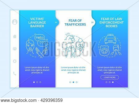 Human Trafficking Victims Blue Onboarding Vector Template. Responsive Mobile Website With Icons. Web