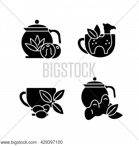 Medicinal Tea Black Glyph Icons Set On White Space. Ginger, Lemon And Honey Beverage. Rosehip Infusi