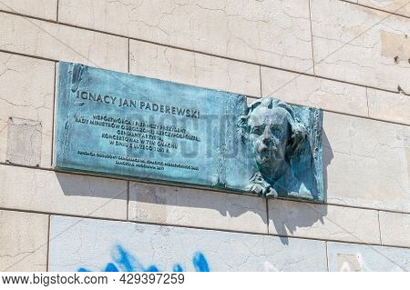 Wroclaw, Poland - June 3, 2021: Memorial Plaque Of Ignacy Jan Paderewski. Ignacy Jan Paderewski Was 