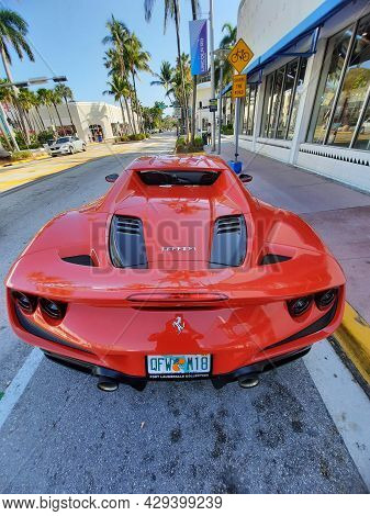 Los Angeles, California Usa - March 24, 2021: Red Ferrari F8 Tributo Luxury Car Supercar Back View.