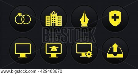 Set Computer Monitor Screen, Medical Shield With Cross, Monitor Graduation Cap, And Gear, Fountain P